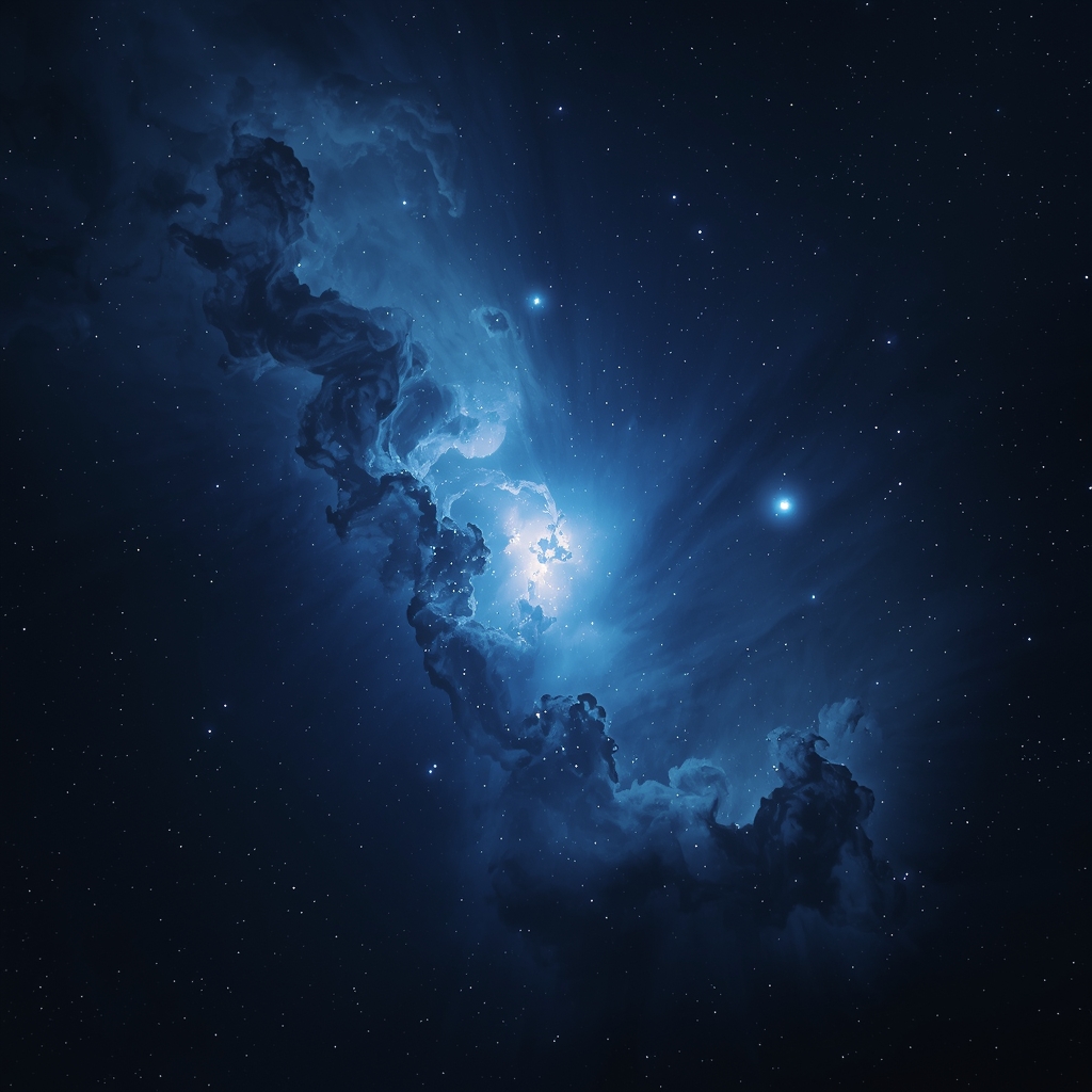 A 3D rendered visualization of a blue emission nebula with glowing hydrogen clouds and star birth regions, no people, high detail